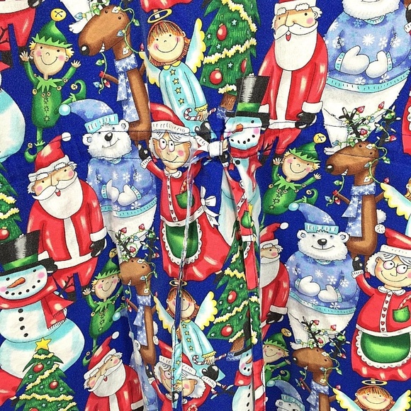 Santa Mrs Claus Scrub Top Christmas Elves Trees Reindeer Holiday Fun - Picture 6 of 6